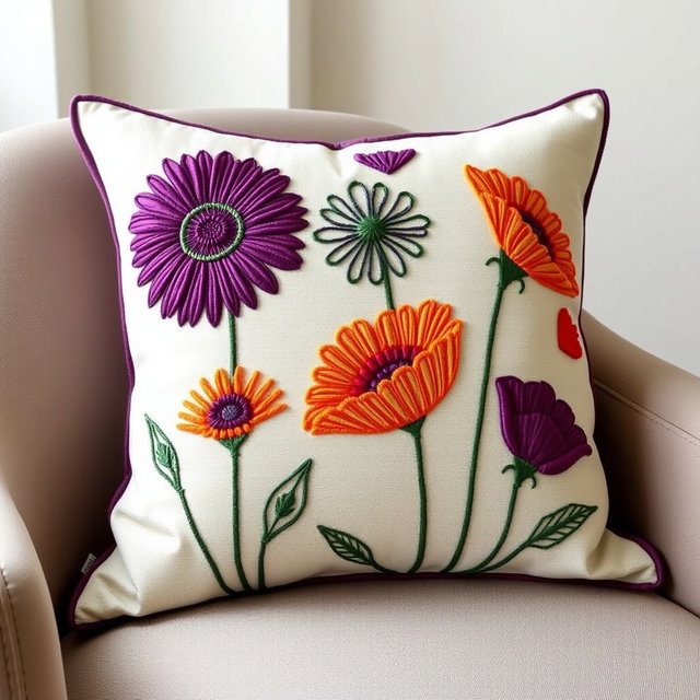 A decorative floral embroidered cushion featuring a striking design composed solely of rich stitch outlines, highlighting a variety of flowers such as daisies and poppies