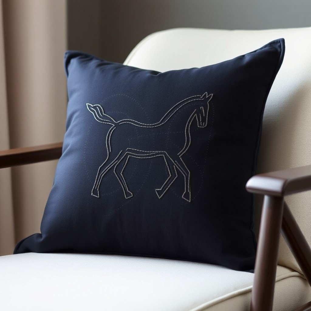 An elegant embroidered cushion showcasing a minimalist design featuring a stylized horse rendered in fine, clean lines