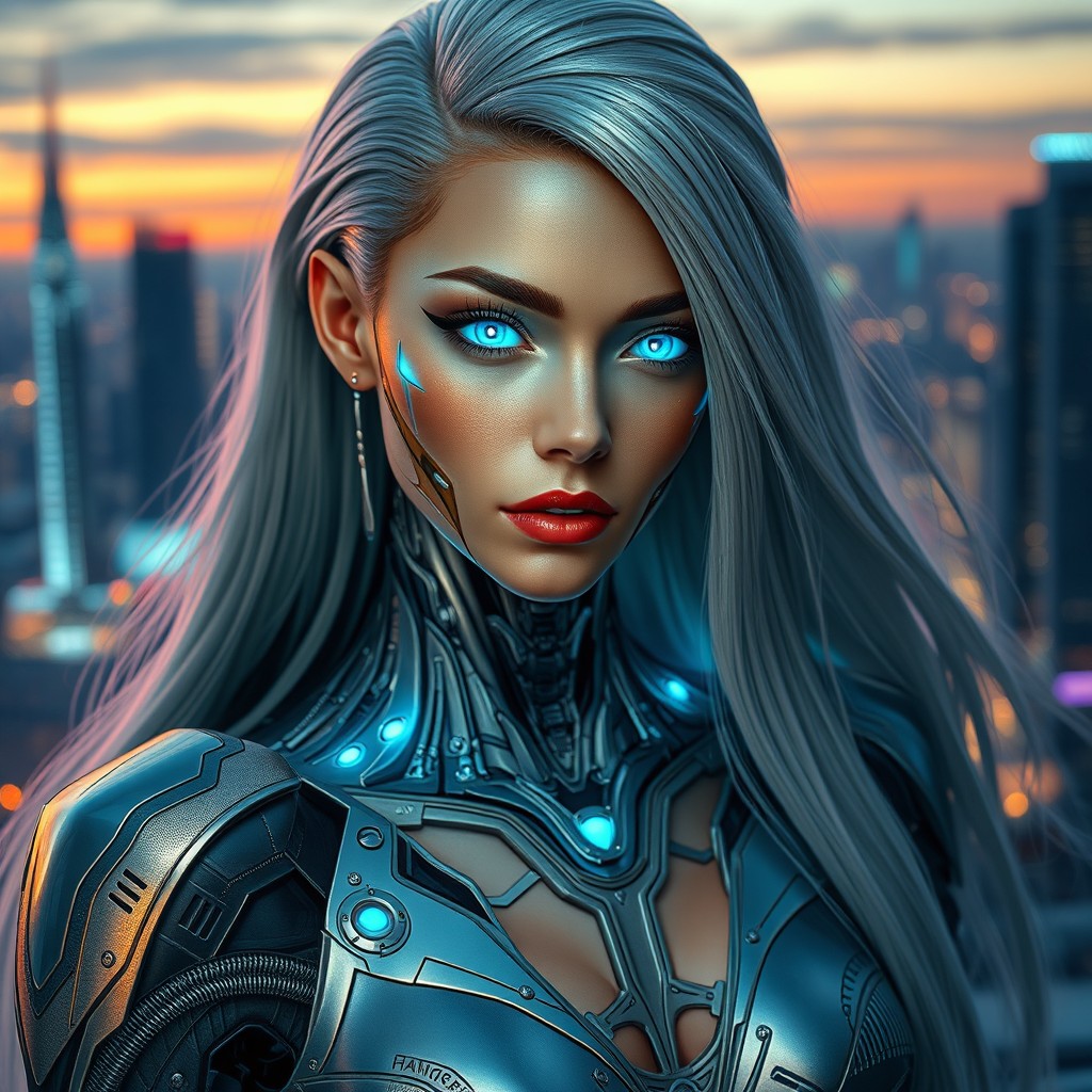 A stunning cyborg woman with shimmering metallic skin and intricate circuitry patterns