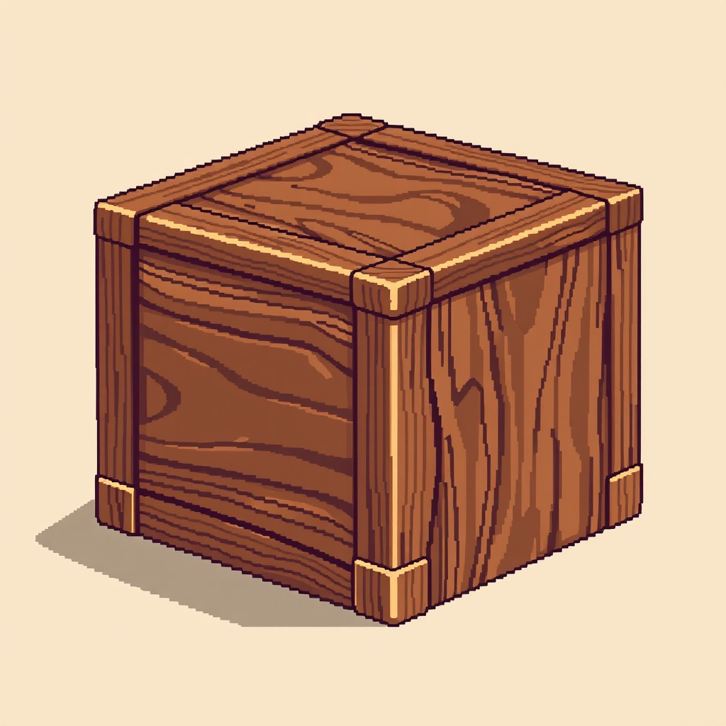 A detailed pixel art representation of a brown box with intricate shading and highlights, displayed on a neutral background to emphasize its pixelated texture