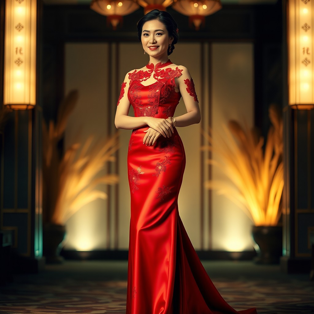 An elegant woman wearing a stunning red evening dress that beautifully flows to the floor, adorned with intricate detailing and luxurious fabric, gracefully standing in a sophisticated setting reminiscent of a traditional Chinese wedding