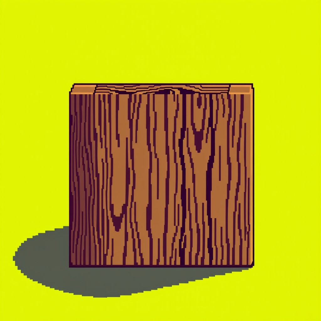 A pixel art design of a brown box, specifically sized at 32x32 pixels, featuring a rich wooden texture with intricate pixelated grain patterns
