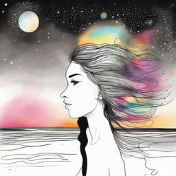 Draft a dramatic drawing of a side-profile woman set against a beach at sunset. In the background, colliding galaxies transition from vibrant colors to stark black and white.