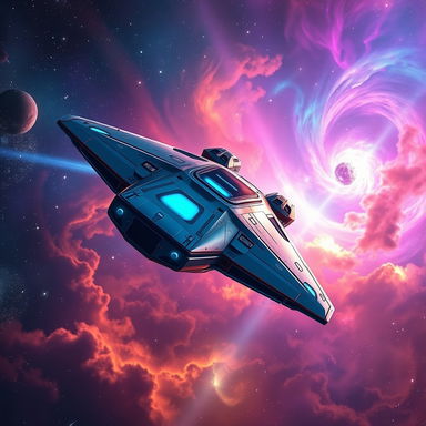 A futuristic spaceship soaring through a vibrant nebula, surrounded by colorful cosmic clouds and twinkling stars