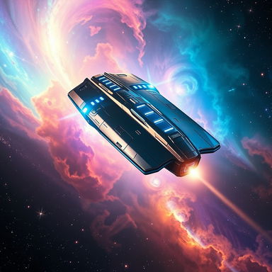 A futuristic spaceship soaring through a vibrant nebula, surrounded by colorful cosmic clouds and twinkling stars