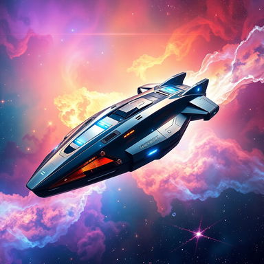 A futuristic spaceship soaring through a vibrant nebula, surrounded by colorful cosmic clouds and twinkling stars