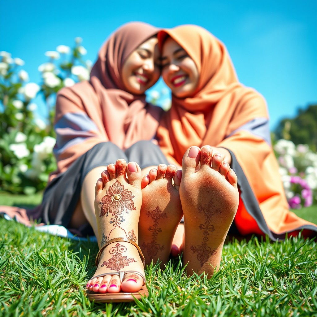 A beautiful, artistic portrait of two women wearing colorful hijabs; they are sharing an intimate moment while sitting on a lush green grass field