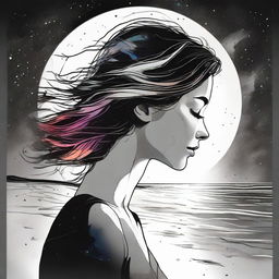 Draft a dramatic drawing of a side-profile woman set against a beach at sunset. In the background, colliding galaxies transition from vibrant colors to stark black and white.