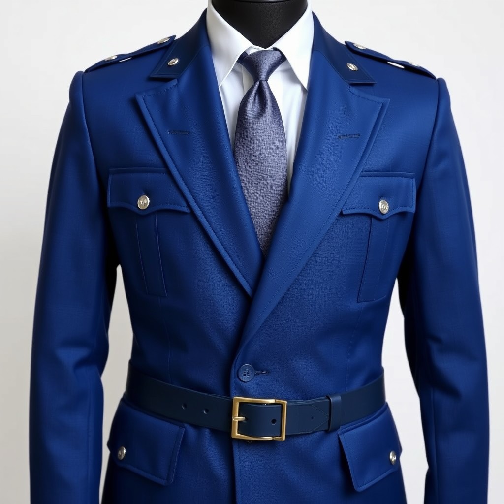 A complete outfit featuring a blue military dress jacket, a white long-sleeved shirt, a stylish tie, and a belt