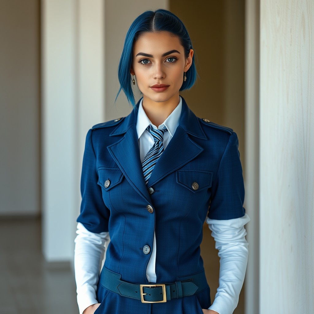 A young Croatian woman, very slim, with blue hair and blue eyes, dressed in a complete outfit featuring a blue military dress jacket, a white long-sleeved shirt, a stylish tie, and a belt