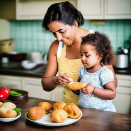 A heartwarming image of a mother lovingly teaching her child how to make a traditional Brazilian coxinha in a warm, homely kitchen.