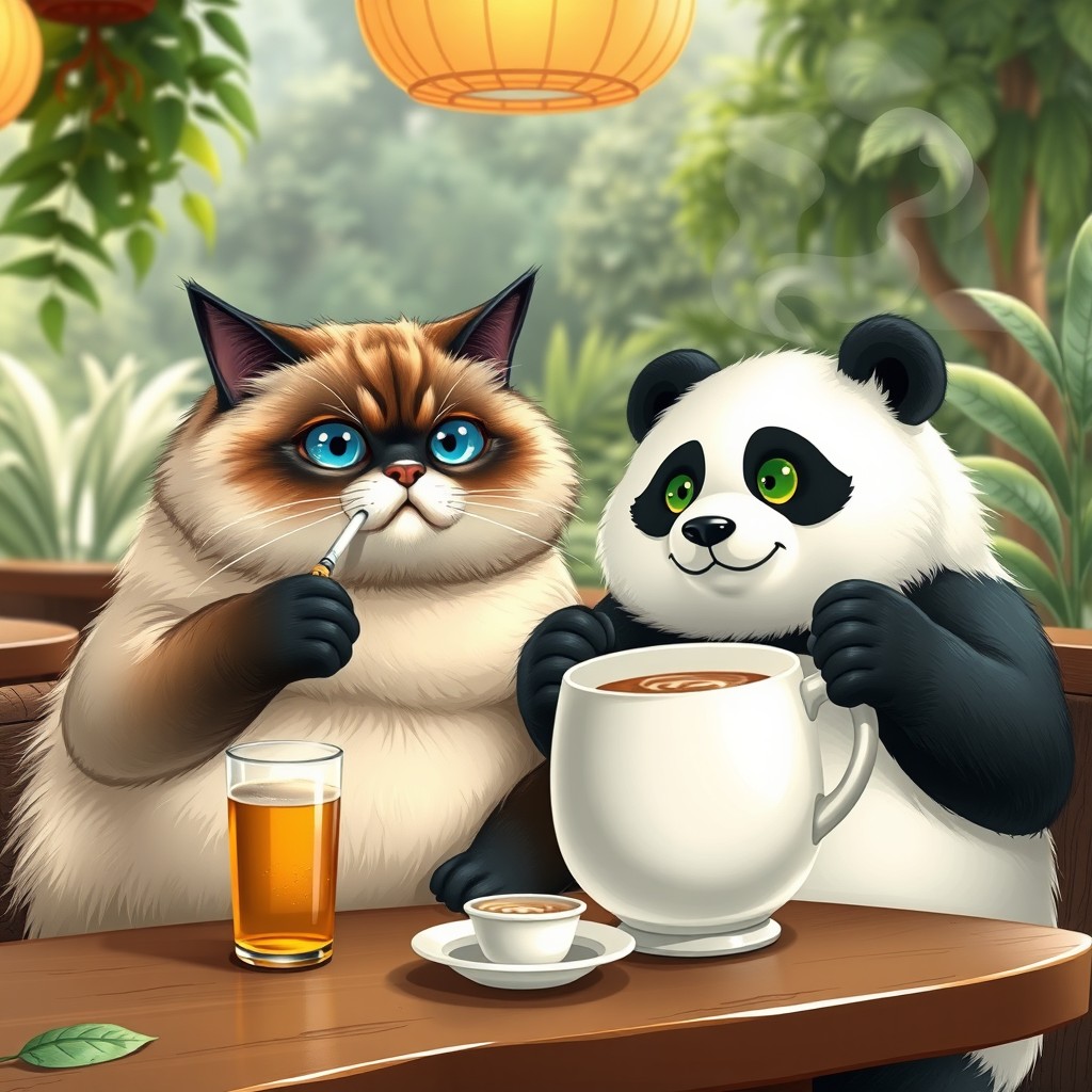 A large, fluffy, cute fat cat with a big belly and a round face, featuring big blue eyes, sitting in a cafe