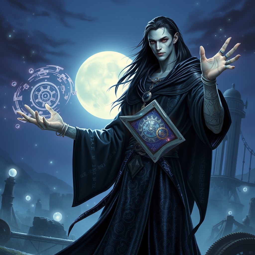 A Shadar-kai sorcerer with a clockwork theme, standing dramatically in a mystical landscape