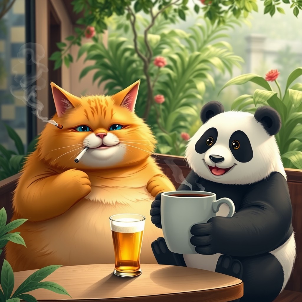 A large, fluffy, cute fat orange cat with a big belly, a round face, large blue eyes, and a big sweet smile, sitting in a cafe