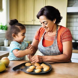 A heartwarming image of a mother lovingly teaching her child how to make a traditional Brazilian coxinha in a warm, homely kitchen.