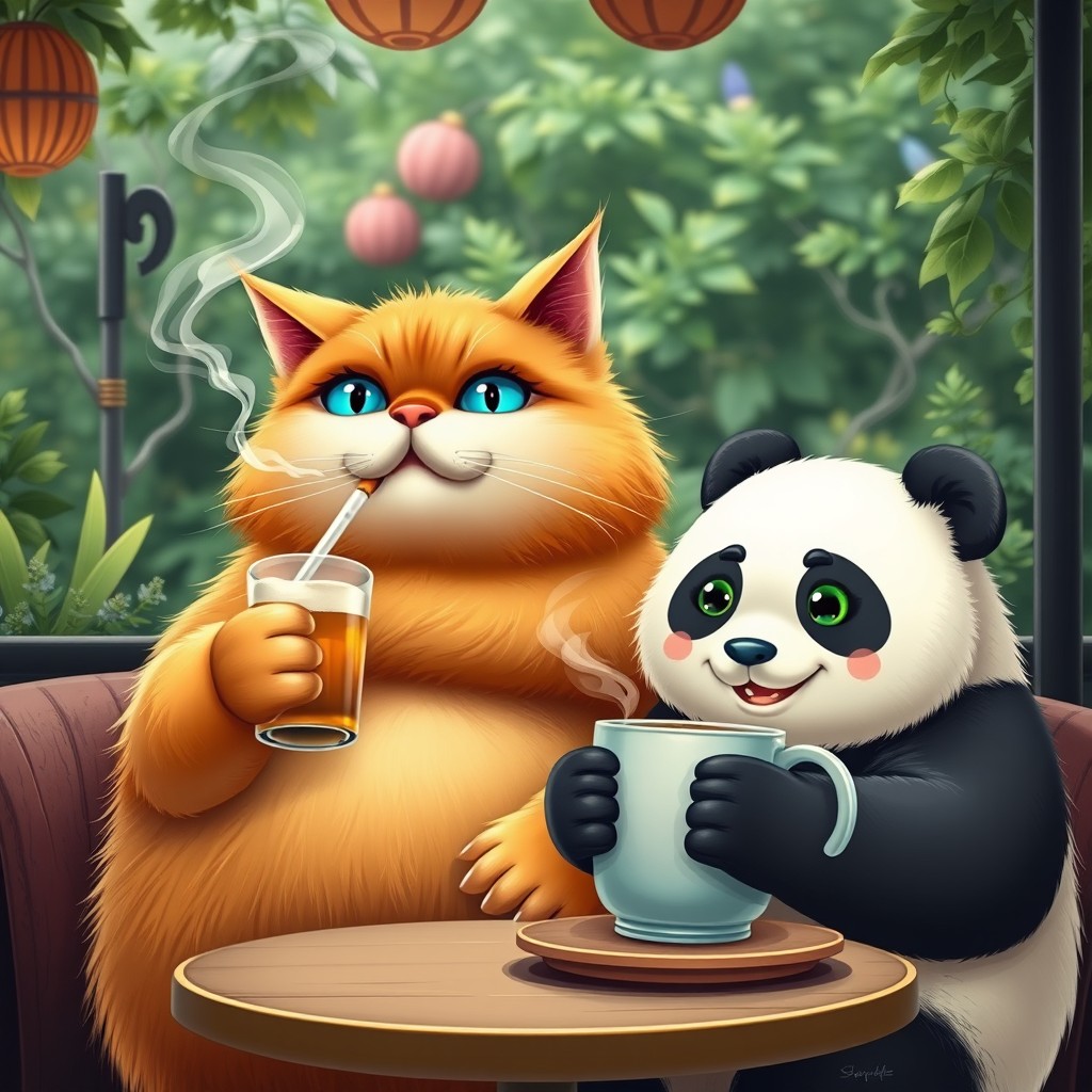 A large, fluffy, cute fat orange cat with a big belly, a round face, big blue eyes, and a big sweet smile, sitting in a cafe