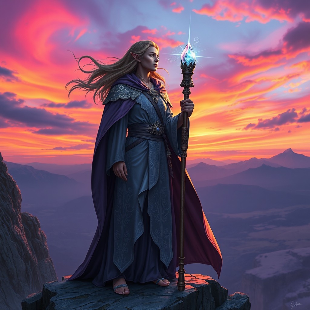 A majestic twilight cleric standing on a rocky cliff, gazing at a vibrant sunset sky filled with shades of purple, orange, and pink
