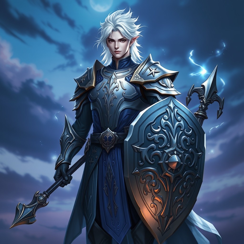 A male twilight cleric with striking white hair, wearing intricate armor adorned with celestial symbols