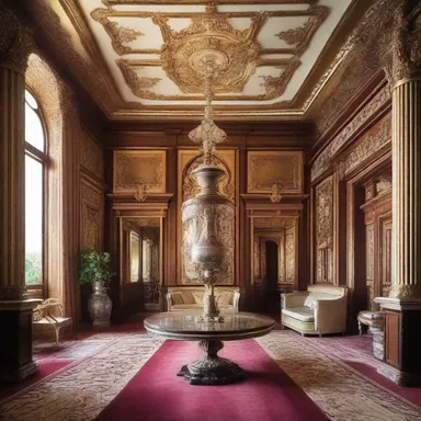 The opulent mansion was designed with the tastes of an egomaniac in mind, featuring grandiose and extravagant elements throughout.