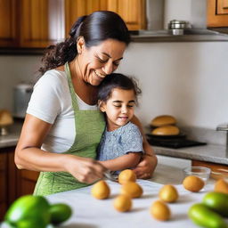 A heartwarming image of a mother lovingly teaching her child how to make a traditional Brazilian coxinha in a warm, homely kitchen.