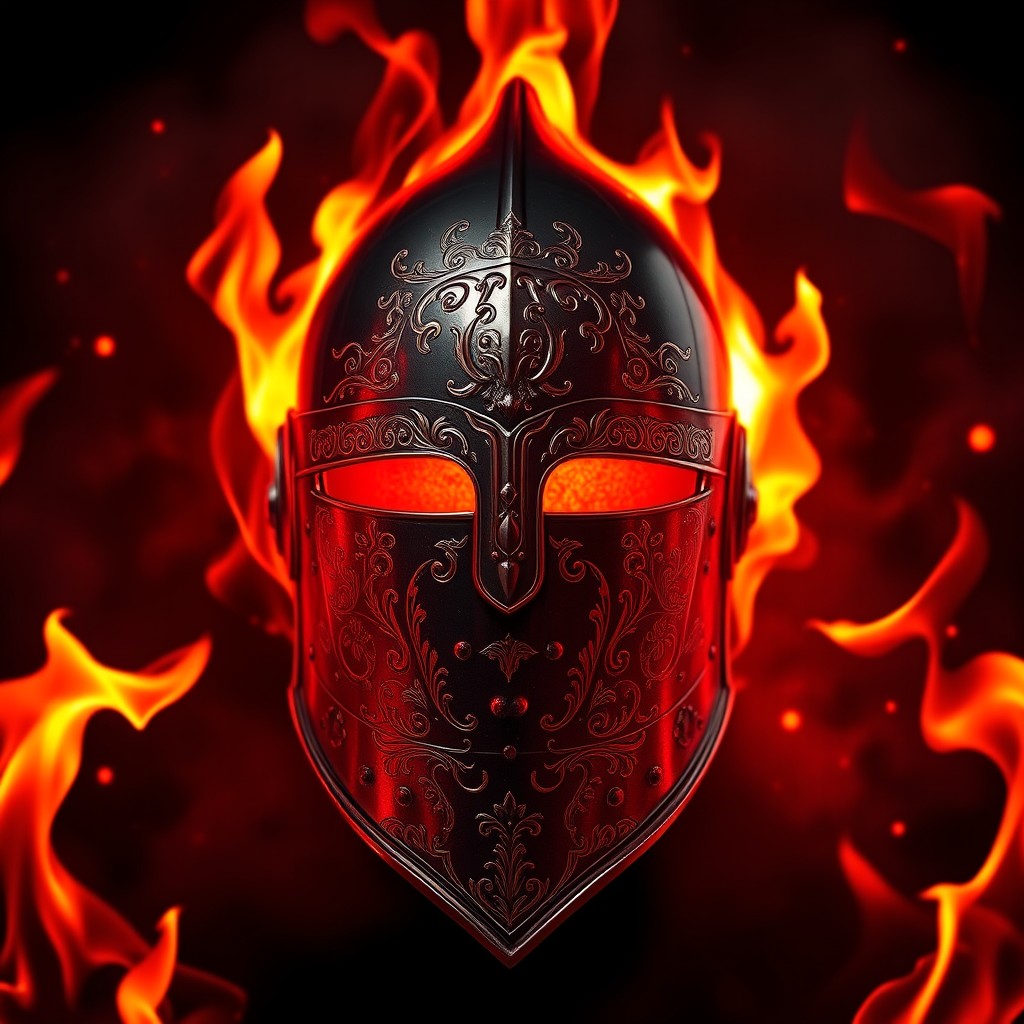 A mesmerizing knight helmet glowing in intense red fire, surrounded by swirling flames that illuminate its metallic surface