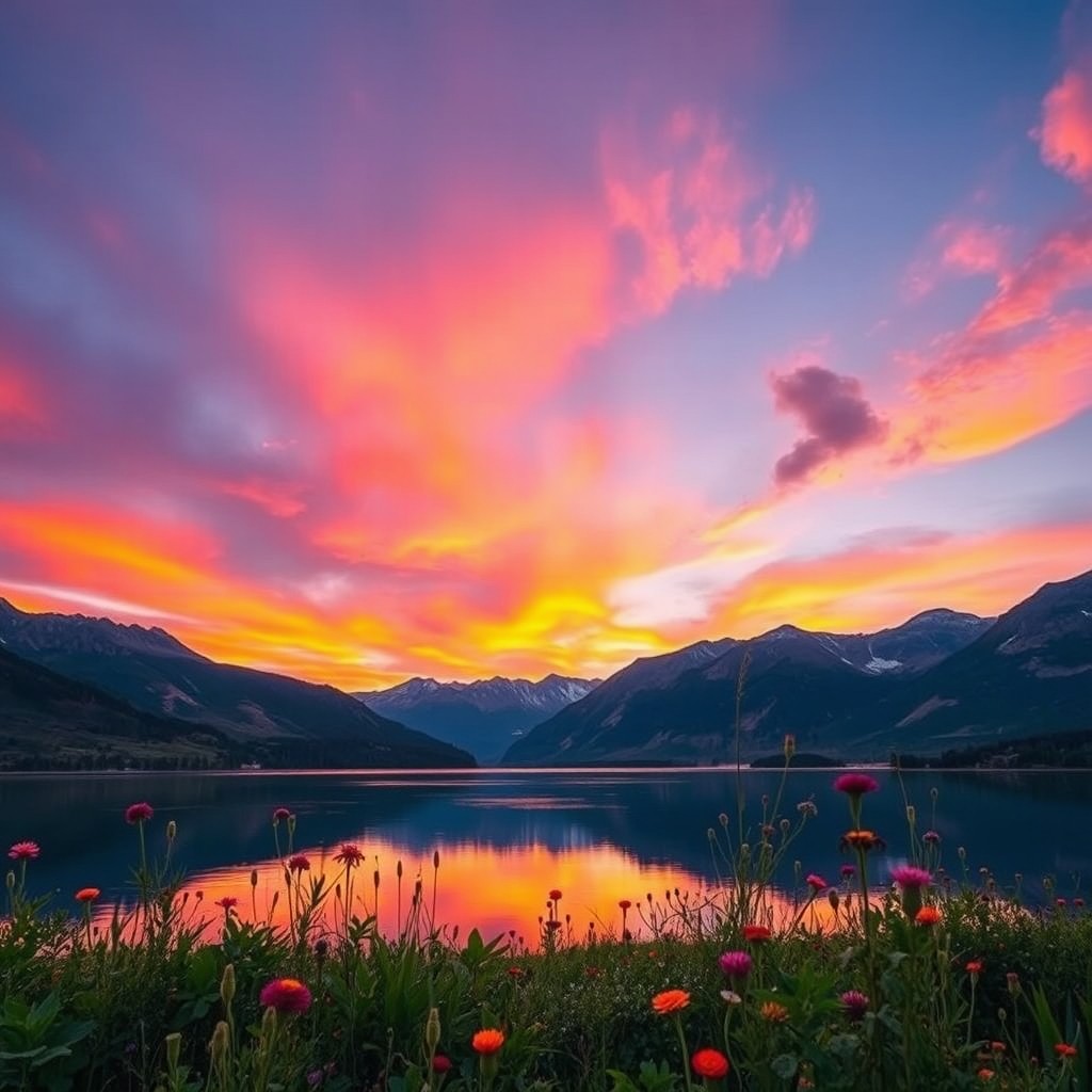 A dreamy landscape featuring a serene lake surrounded by majestic mountains, under a mesmerizing sunset sky