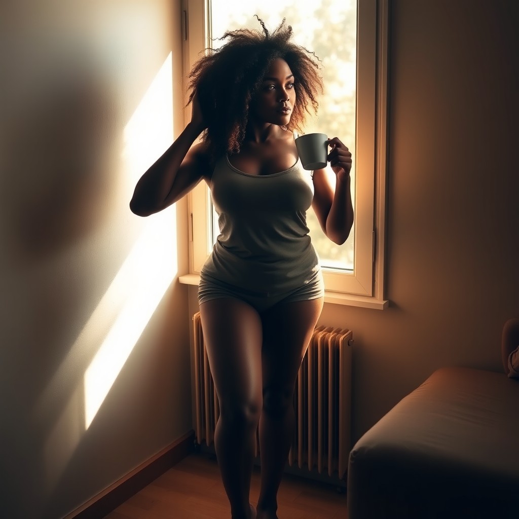 A beautiful woman with dark skin and curly hair, standing barefoot by the window