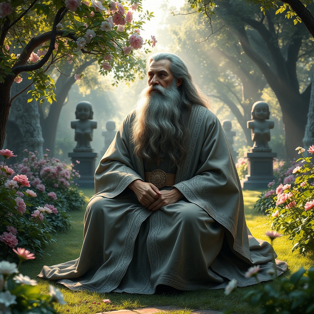 A majestic and wise philosopher, sitting in a serene garden filled with blooming flowers and lush greenery, deep in thought