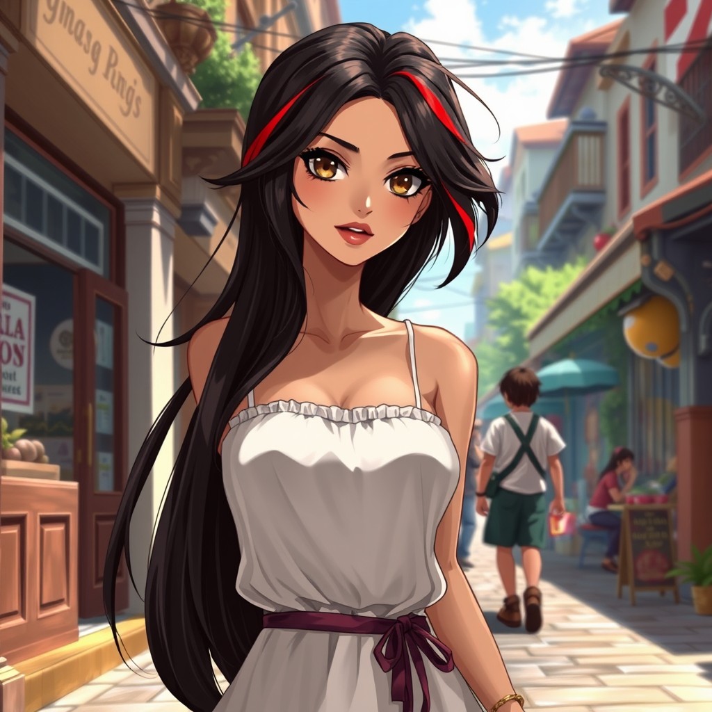 A charismatic Latina woman with mesmerizing brown eyes and long, flowing dark hair adorned with red highlights