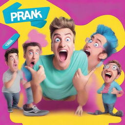 Design a vibrant and humorous poster featuring a vlogger pulling off a prank