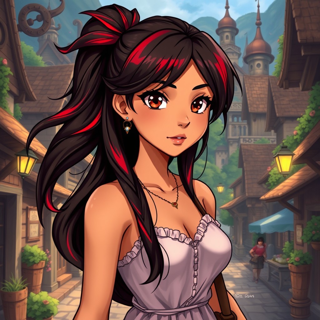 A charismatic Latina woman with captivating brown eyes and long, flowing dark hair featuring vibrant red highlights