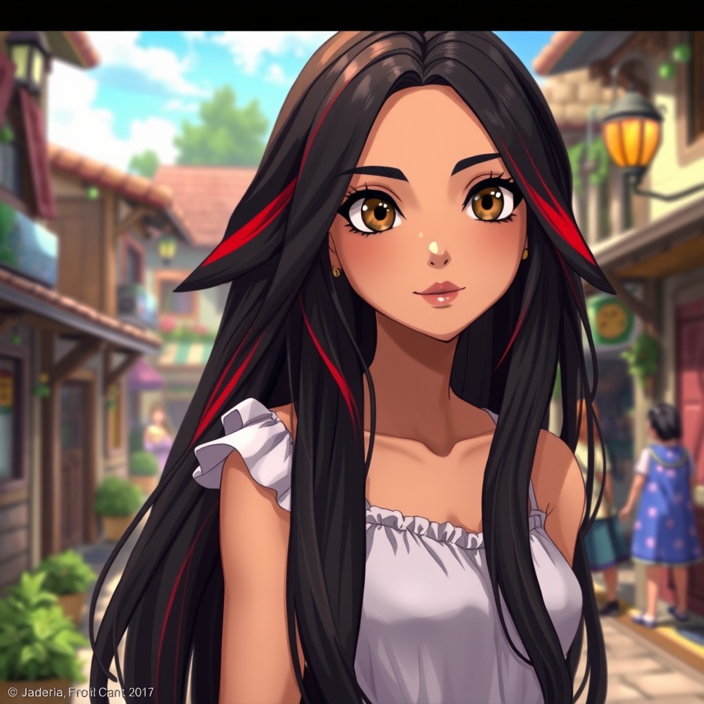 A charismatic Latina with mesmerizing brown eyes and long, flowing dark hair featuring striking red highlights, complemented by a slight tan complexion