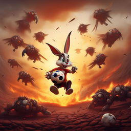 An action-packed image of the cartoon character Bugs Bunny skillfully playing soccer on a volcanic landscape, while evading robotic zombified cockatiels.