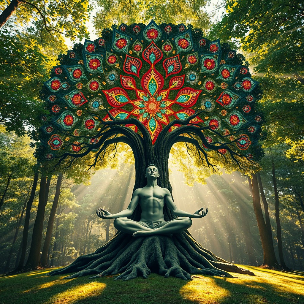 A surreal tree where the trunk is transformed into a tranquil meditator in a cross-legged position, eyes closed, radiating peace and serenity