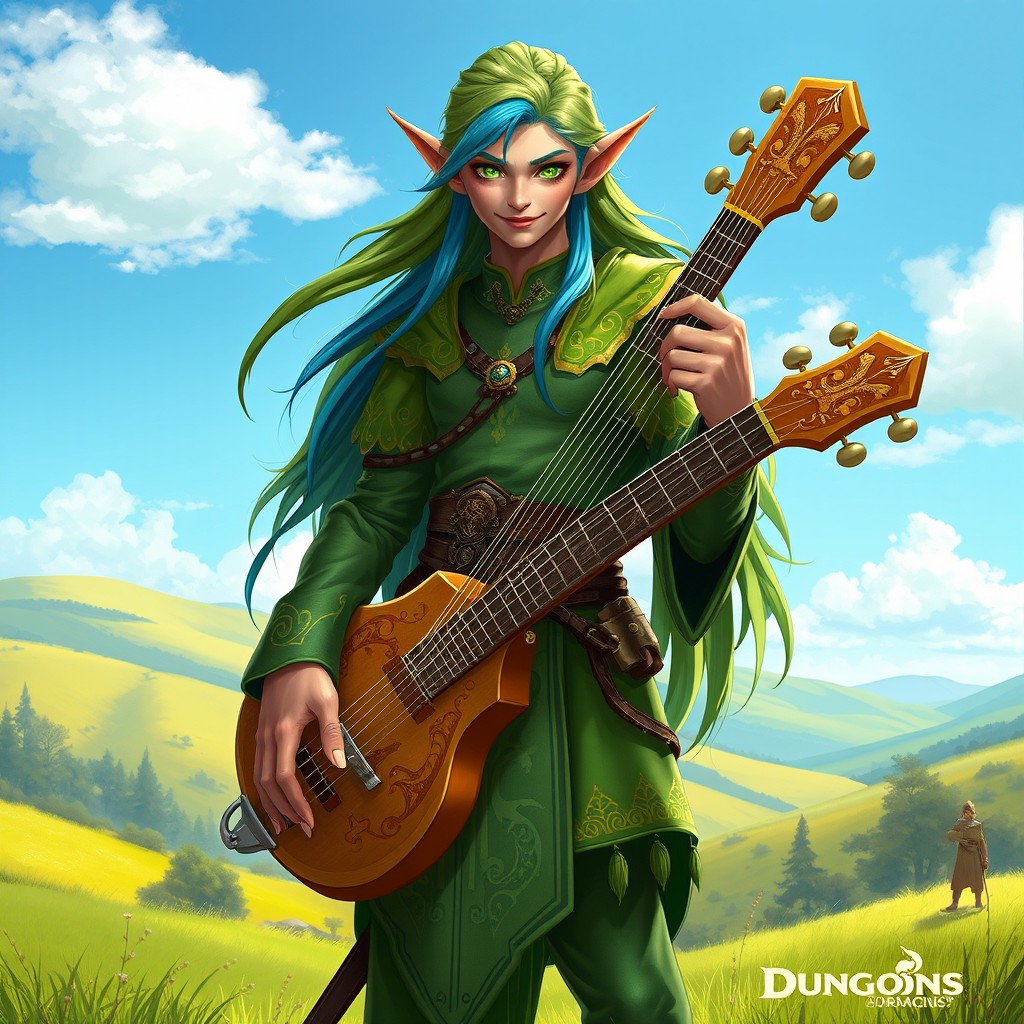 A unique and fantastical Dungeons & Dragons character concept: a tall and charismatic half-elf bard, wearing a vibrant green and gold outfit embellished with intricate patterns