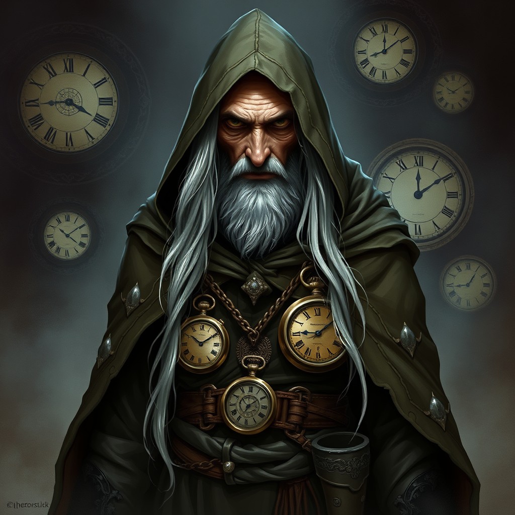 A mysterious Dungeons & Dragons character concept: a tall, thin old man shrouded in a tattered cloak, his face mostly obscured in shadow