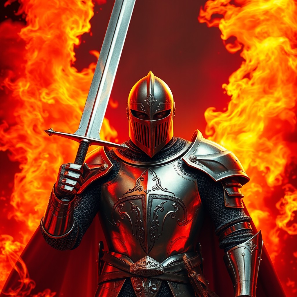 Fierce Knight in Fiery Landscape - Heroic Armor & Intensity | Idyllic