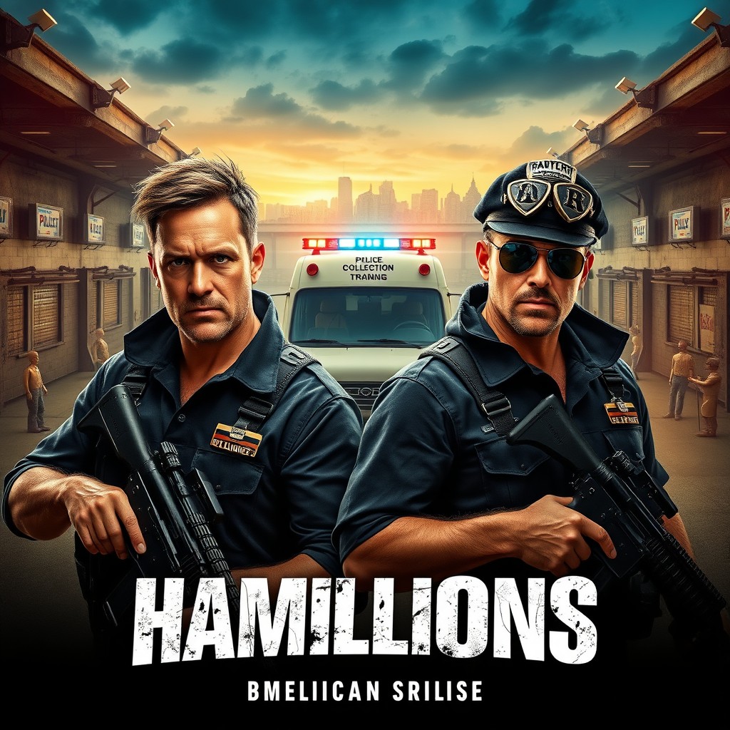 A dynamic and action-packed movie poster for the film "Hamillions", featuring two rugged male characters disguised as police officers, sporting tactical gear and confident expressions