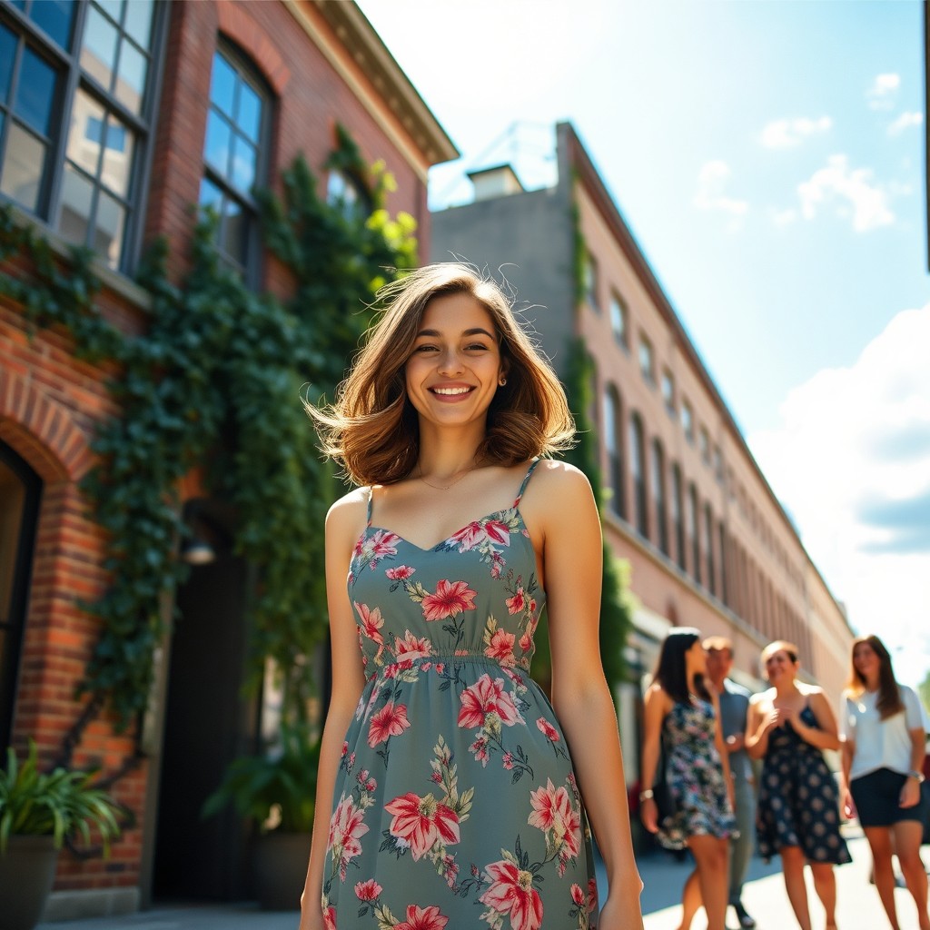 A confident young woman standing on a sunlit street, wearing a stylish summer dress with floral patterns
