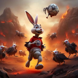 An action-packed image of the cartoon character Bugs Bunny skillfully playing soccer on a volcanic landscape, while evading robotic zombified cockatiels.