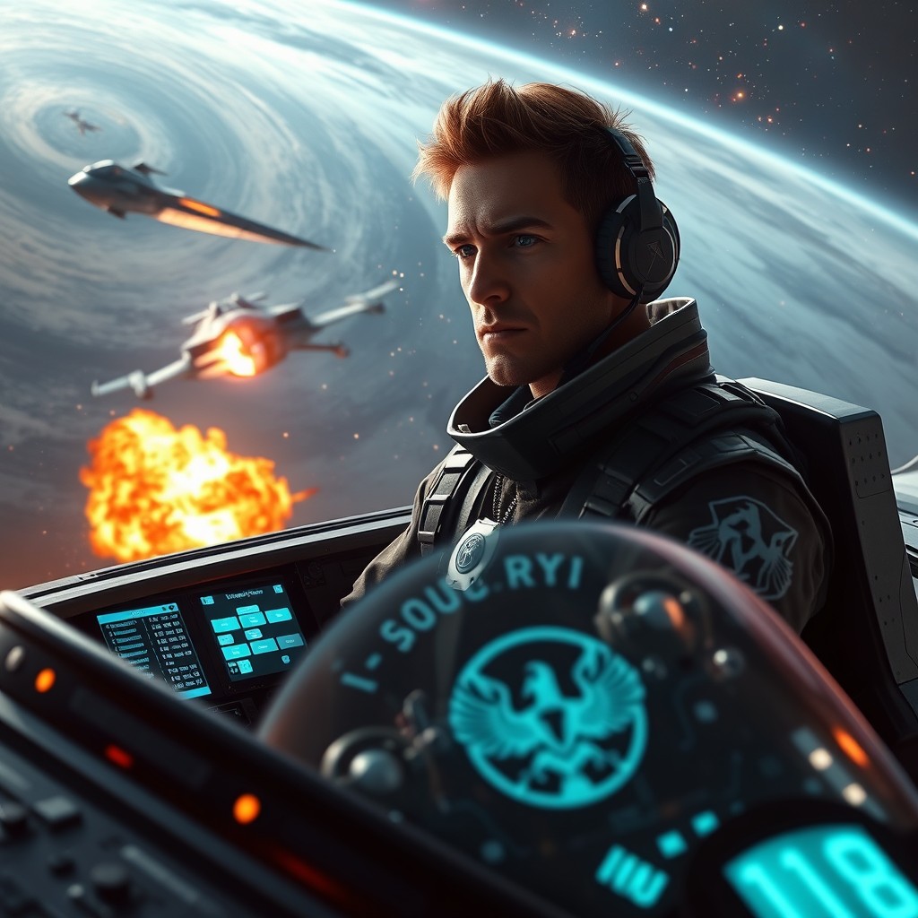 A captivating science fiction scene featuring a character named Kael, a skilled pilot ready for battle