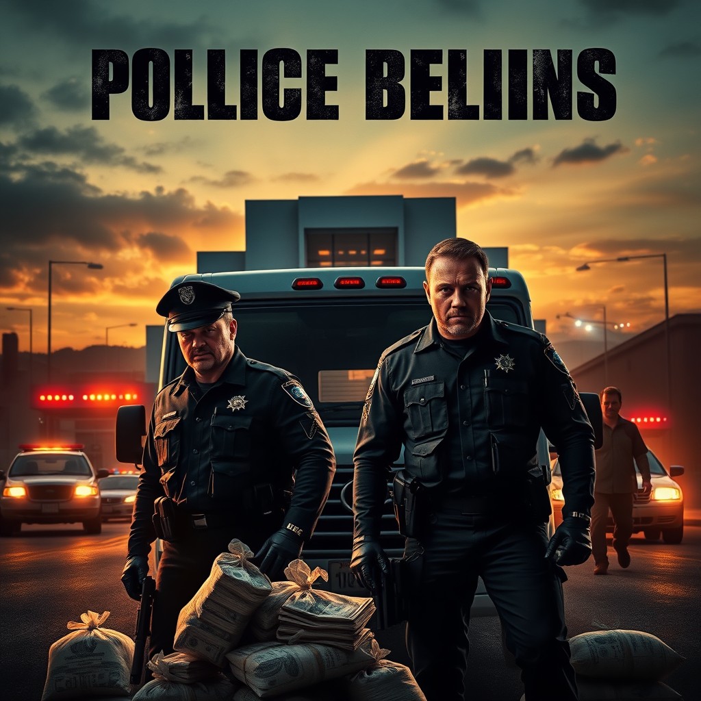 A movie poster for a thrilling heist film, featuring two rugged men in police officer disguises, looking alert and tense