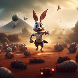 An action-packed image of the cartoon character Bugs Bunny skillfully playing soccer on a volcanic landscape, while evading robotic zombified cockatiels.