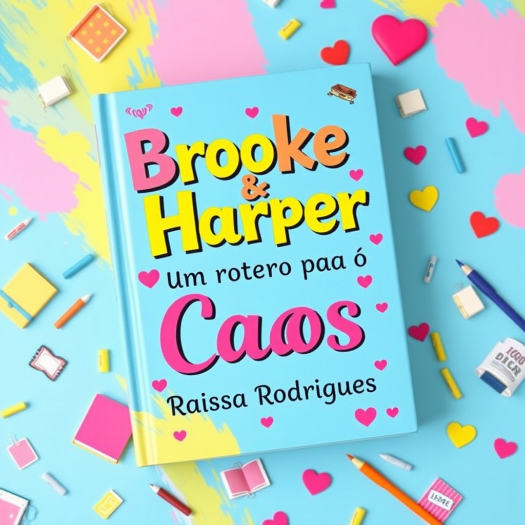A vibrant and colorful book cover featuring the title 'Brooke & Harper: Um roteiro para o Caos' prominently displayed in an artistic, playful font