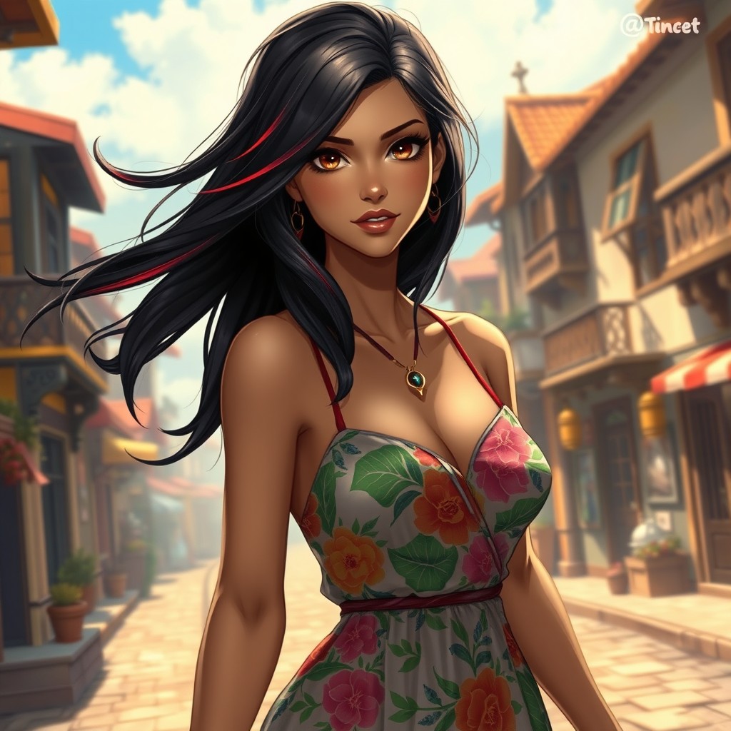 A charismatic Latina woman with mesmerizing brown eyes, long flowing dark hair enhanced with striking red highlights, and a slight tan complexion