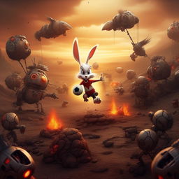 An action-packed image of the cartoon character Bugs Bunny skillfully playing soccer on a volcanic landscape, while evading robotic zombified cockatiels.