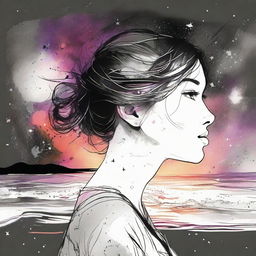 Sketch a side-profile woman set against a scenic beach sunset, while in the backdrop colliding galaxies create a dramatic transition from vibrant colors to black and white.