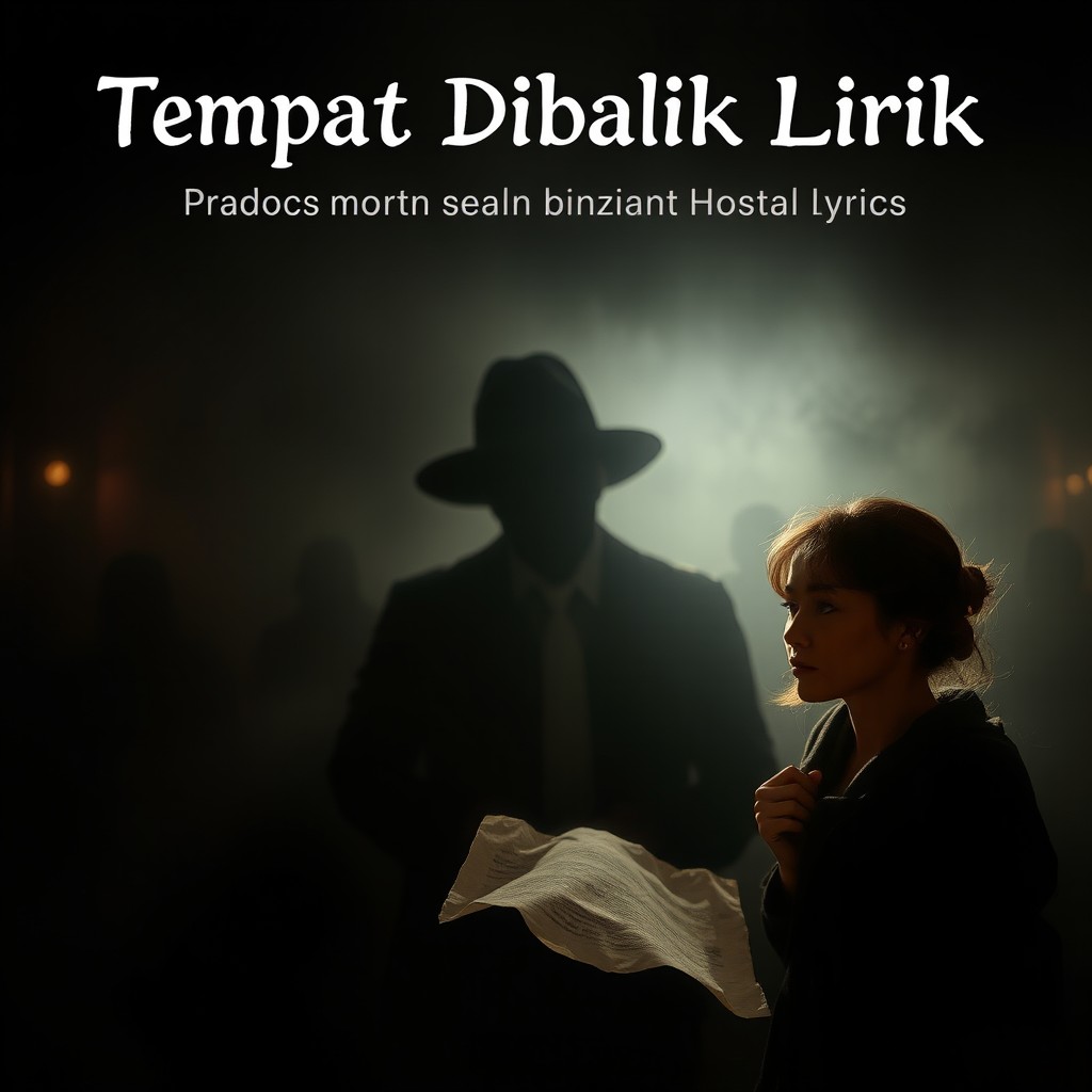 A mysterious musician shadow emerging in a dim, atmospheric setting, juxtaposed with a thoughtful female historian holding a crumpled piece of paper containing lyrics