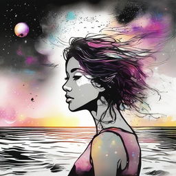 Sketch a side-profile woman set against a scenic beach sunset, while in the backdrop colliding galaxies create a dramatic transition from vibrant colors to black and white.