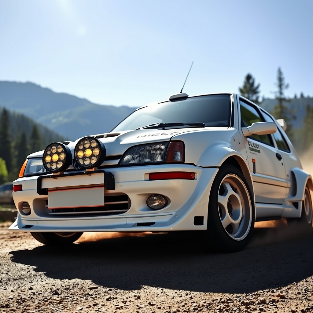 A white Peugeot 106 XSi, modified and prepared for rally racing, featuring aggressive styling with a widebody kit, rally lights mounted on the front bumper, and performance wheels